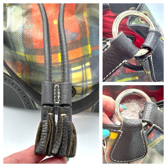 Y2K Dooney & Bourke Plaid Drawstring Shoulder Satchel Bag – Preppy Madras Print - Picture 10 of 16